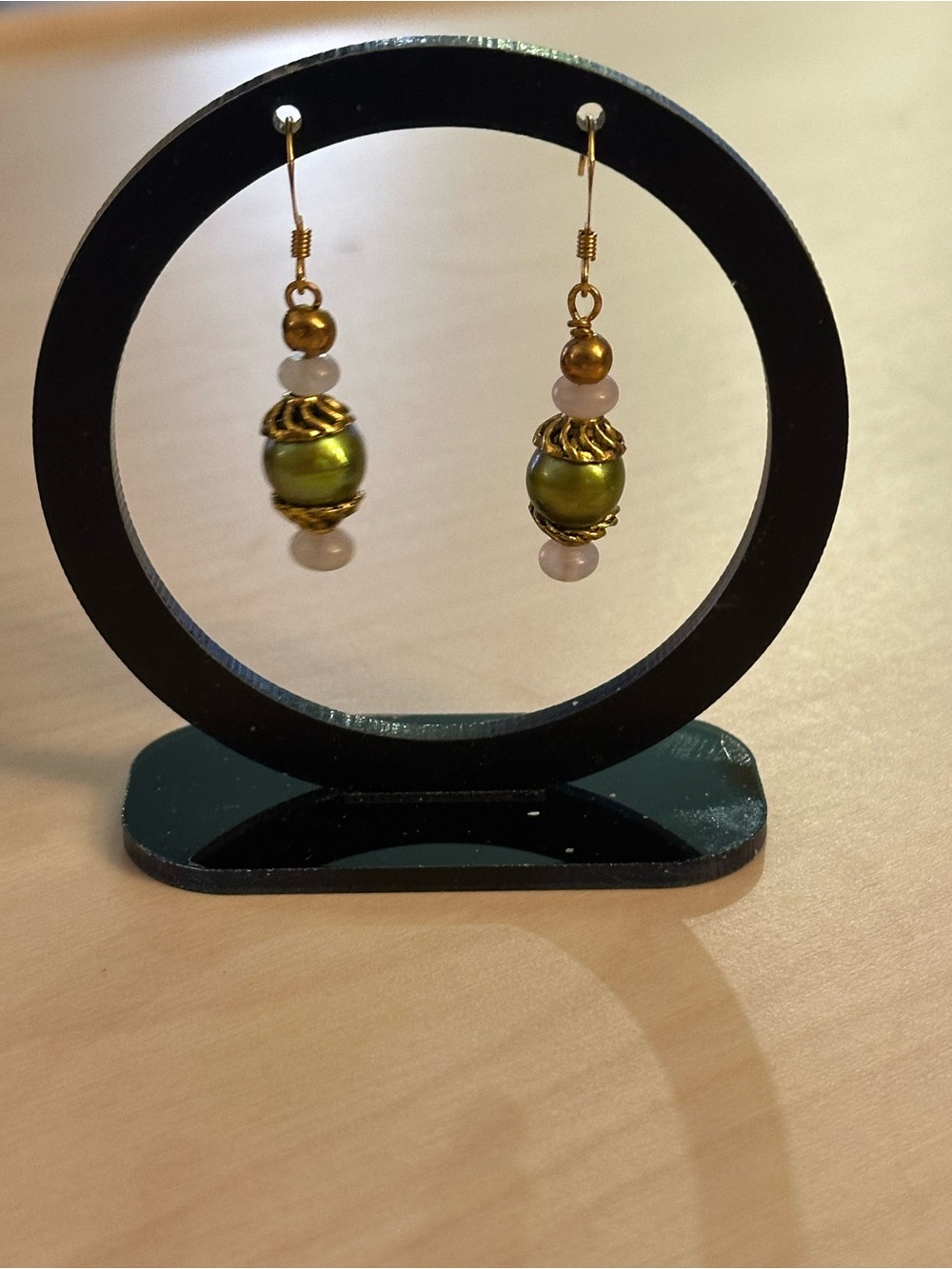 Vintage-Inspired Handmade Gold-Tone Olive Green Bead Drop Earrings